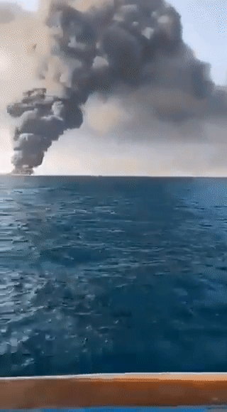 The largest ship in the Iranian navy catches fire and later sinks in the Gulf of Oman, 1 June, 2021
