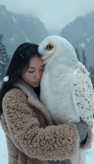 فتاة صينية تحمل بومة الثلج